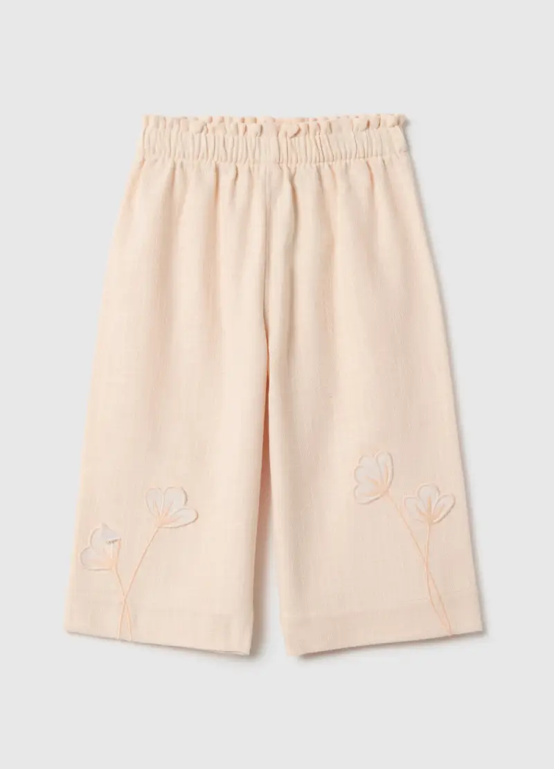 Pantaloni Culotte In Cotone E Lino Beige Da Bimba Con Ricami Floreali, Bambina, Beige