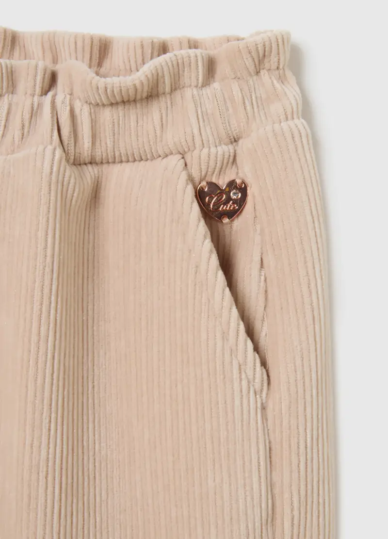 Pantaloni Da Bambina In Misto Cotone Beige A Gamba Larga, Beige miniatura 3