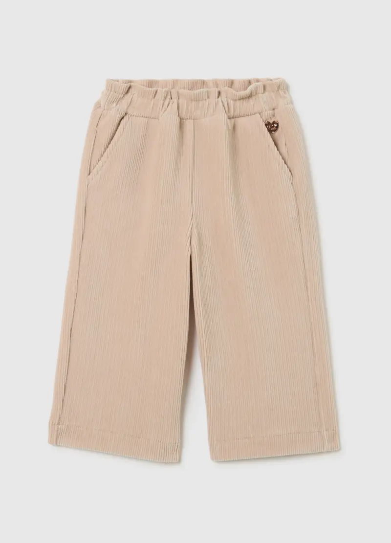 Pantaloni Da Bambina In Misto Cotone Beige A Gamba Larga, Beige