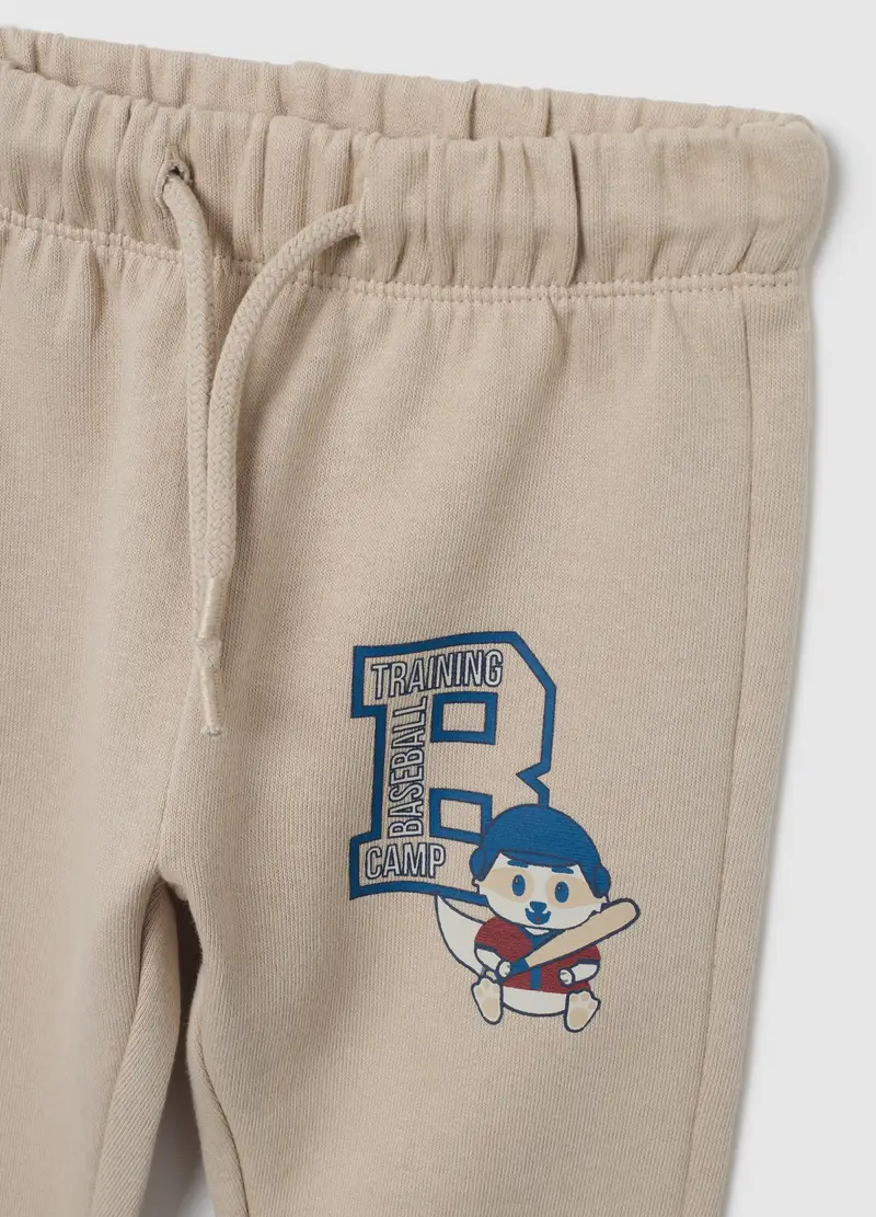 Pantaloni Da Bambino In Puro Cotone Beige Regular Fit Con Stampa, Beige miniatura 3