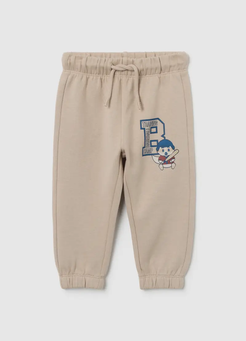 Pantaloni Da Bambino In Puro Cotone Beige Regular Fit Con Stampa, Beige