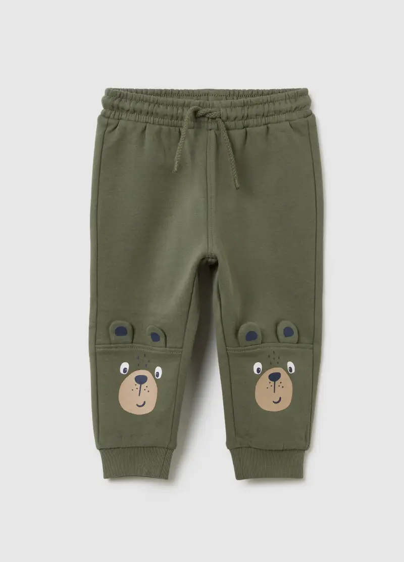 Pantaloni Da Bambino In Puro Cotone Verdi Regular Fit Con Stampa, Verde