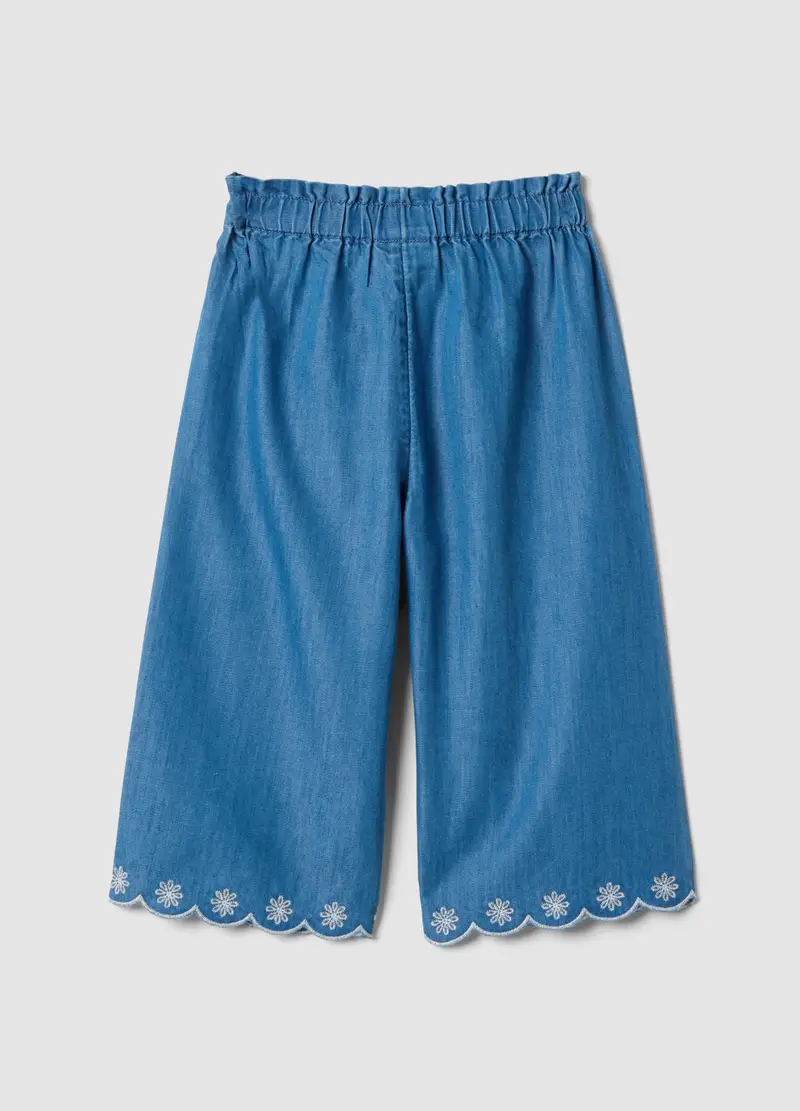 Pantaloni In Misto Cotone Denim Blu Da Bimba Wide Leg Con Ricami, Bambina, Blu miniatura 2