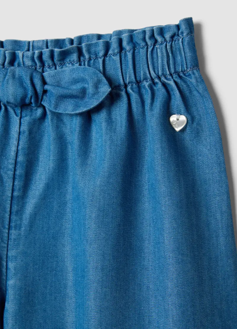 Pantaloni In Misto Cotone Denim Blu Da Bimba Wide Leg Con Ricami, Bambina, Blu miniatura 3