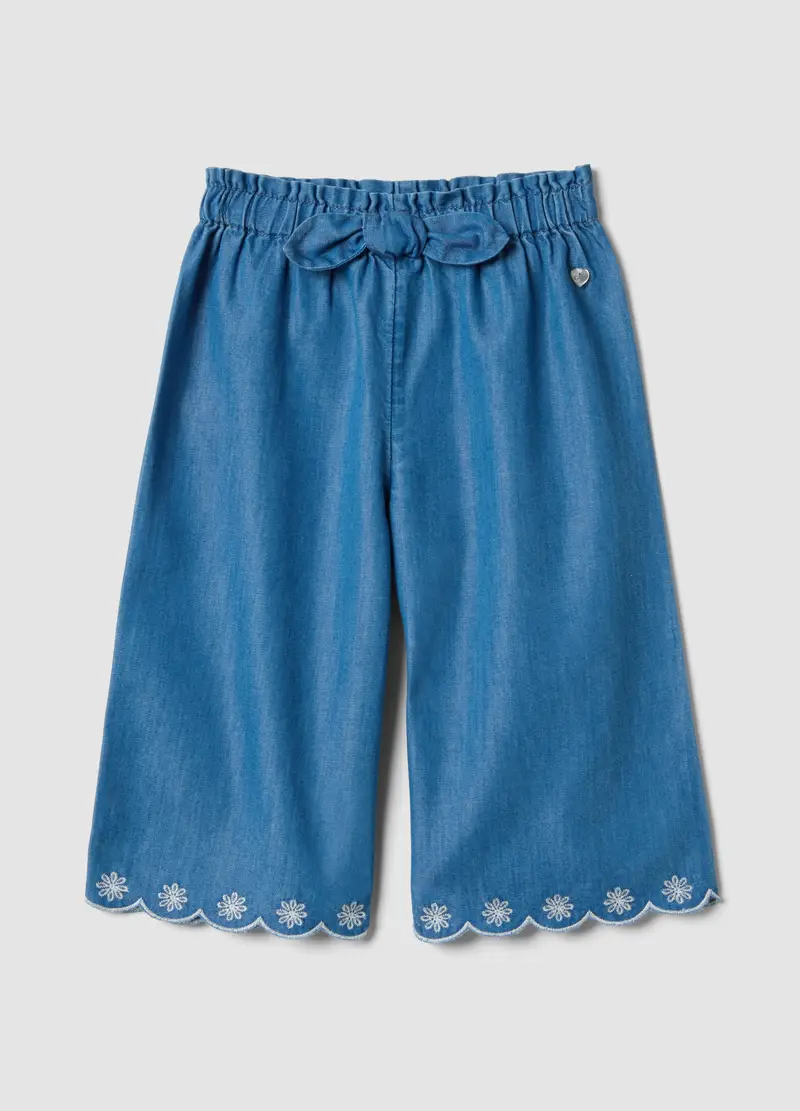 Pantaloni In Misto Cotone Denim Blu Da Bimba Wide Leg Con Ricami, Bambina, Blu