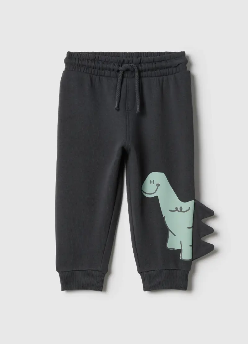 Pantaloni In Puro Cotone Nero Da Bimbo Regular Fit Design Dinosauro, Bambino, Nero