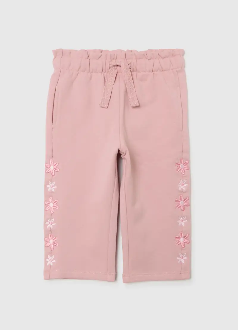 Pantaloni Rosa Da Bimba In Cotone Elasticizzato Con Ricami Floreali, Bambina, Rosa