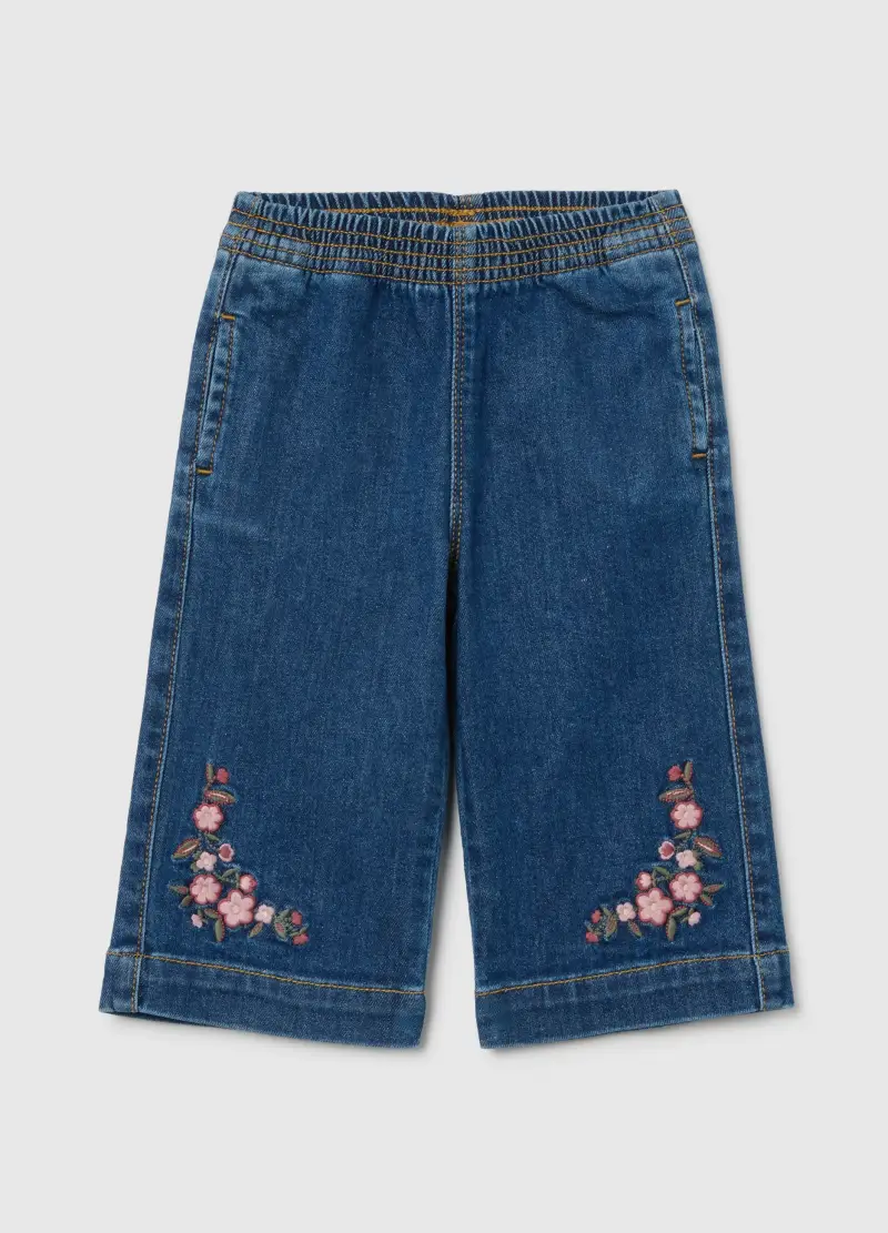 Pantaloni Wide Leg Blu Da Bimba In Denim Con Ricami, Bambina, Denim