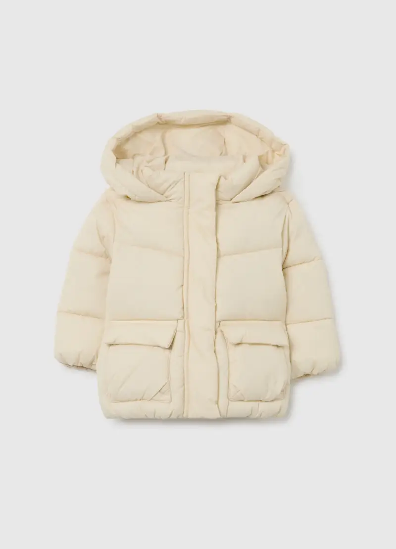 Piumino The Iconic Puffer Bianco Panna Da Bambina Con Cappuccio, Bianco