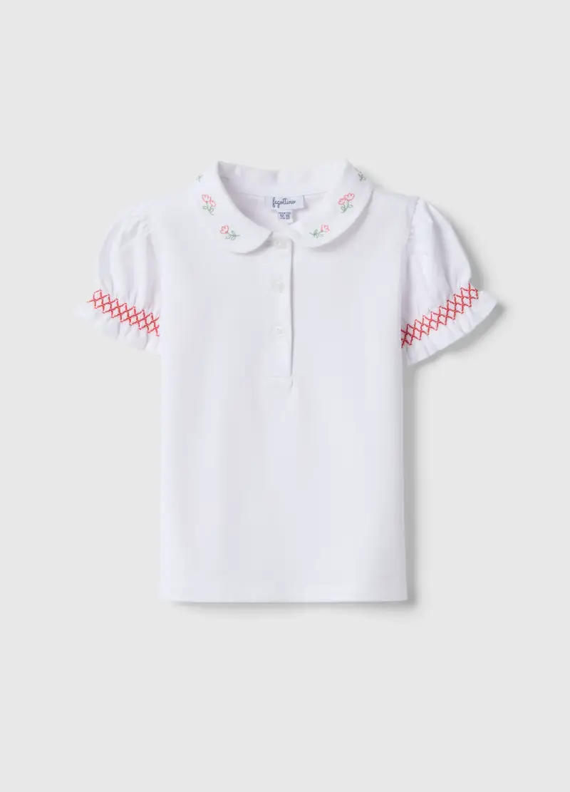 Polo In Cotone Elasticizzato Bianca Da Bimba Regular Fit Con Ricami, Bambina, Bianco