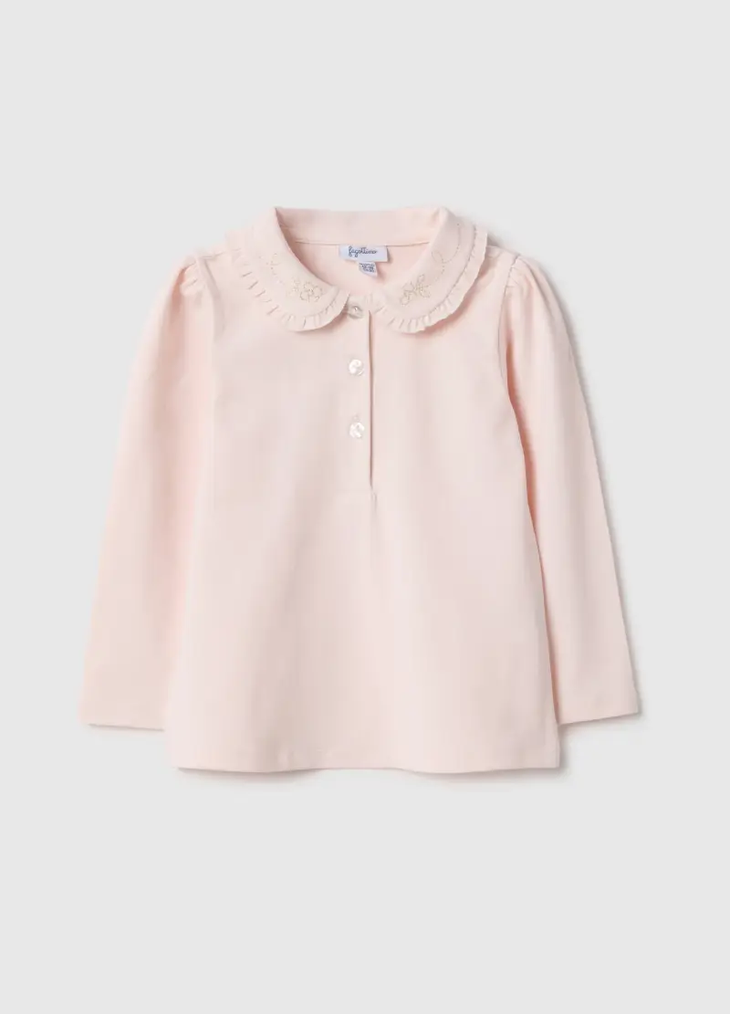 Polo In Cotone Elasticizzato Rosa Da Bimba Regular Fit Con Collo Arricciato, Bambina, Rosa