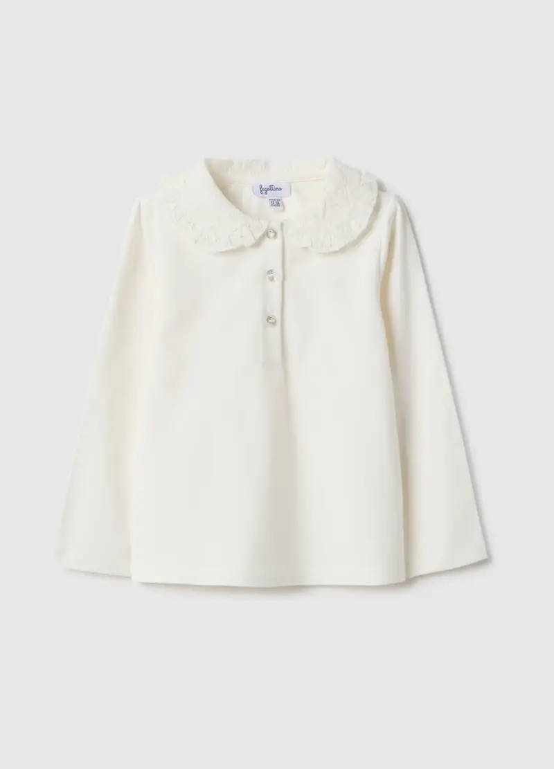 Polo In Misto Cotone Bianco Da Bimba Regular Fit Con Colletto In Pizzo, Bambina, Bianco