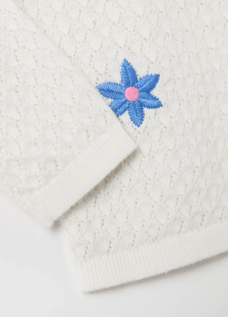 Pullover Con Lavorazione Pointelle E Ricamo Fiori, Bambina, Bianco miniatura 3