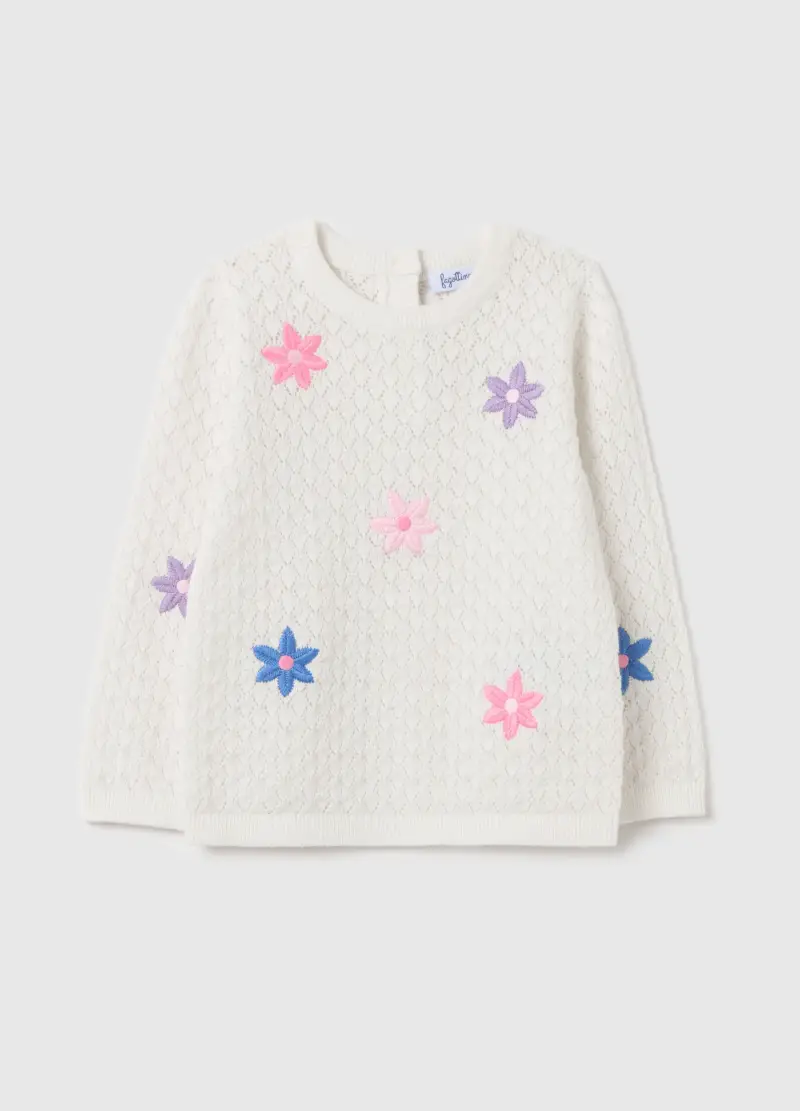 Pullover Con Lavorazione Pointelle E Ricamo Fiori, Bambina, Bianco