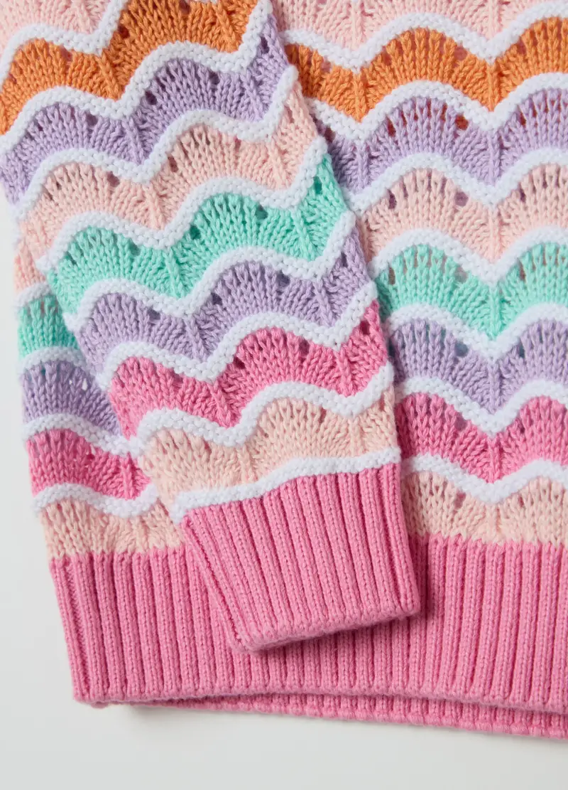 Pullover In Cotone Con Lavorazione Traforata, Bambina, Multicolor miniatura 3