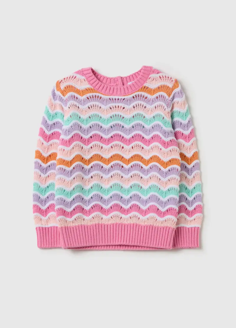 Pullover In Cotone Con Lavorazione Traforata, Bambina, Multicolor