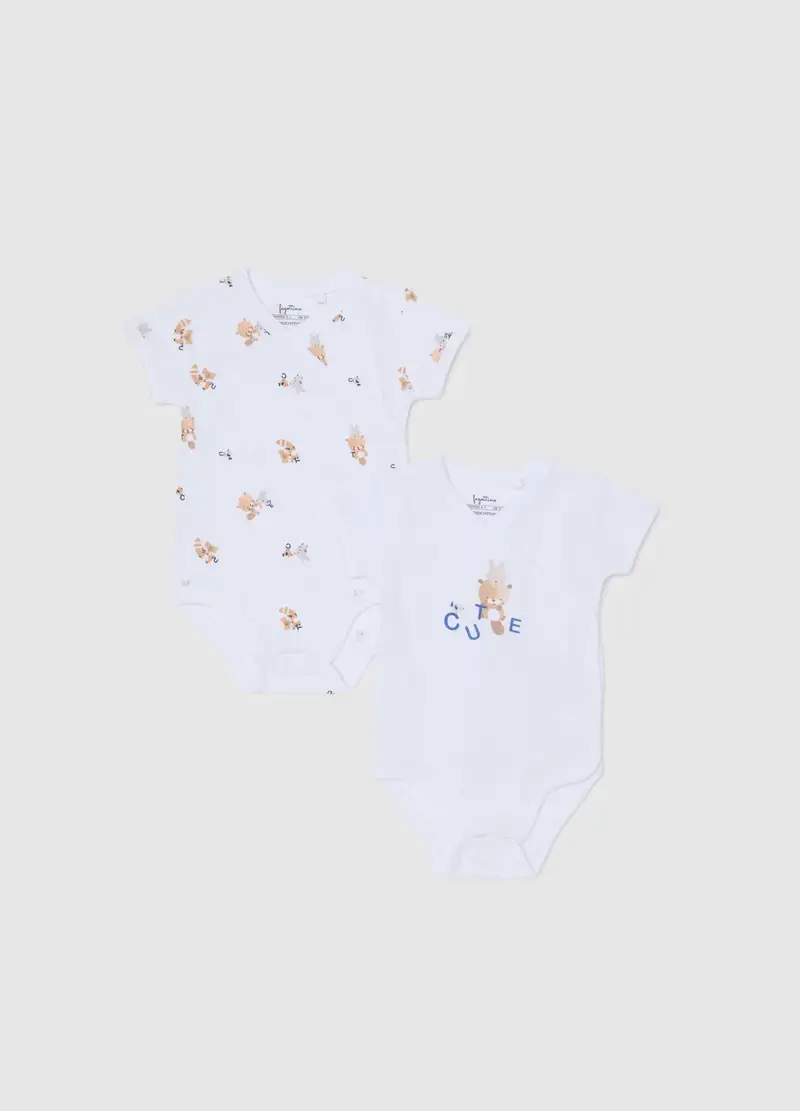 FAGOTTINO, Set Bipack Body Da Neonata In Puro Cotone Bianco Con Stampa Animale, Bianco, Taglia: 0-1