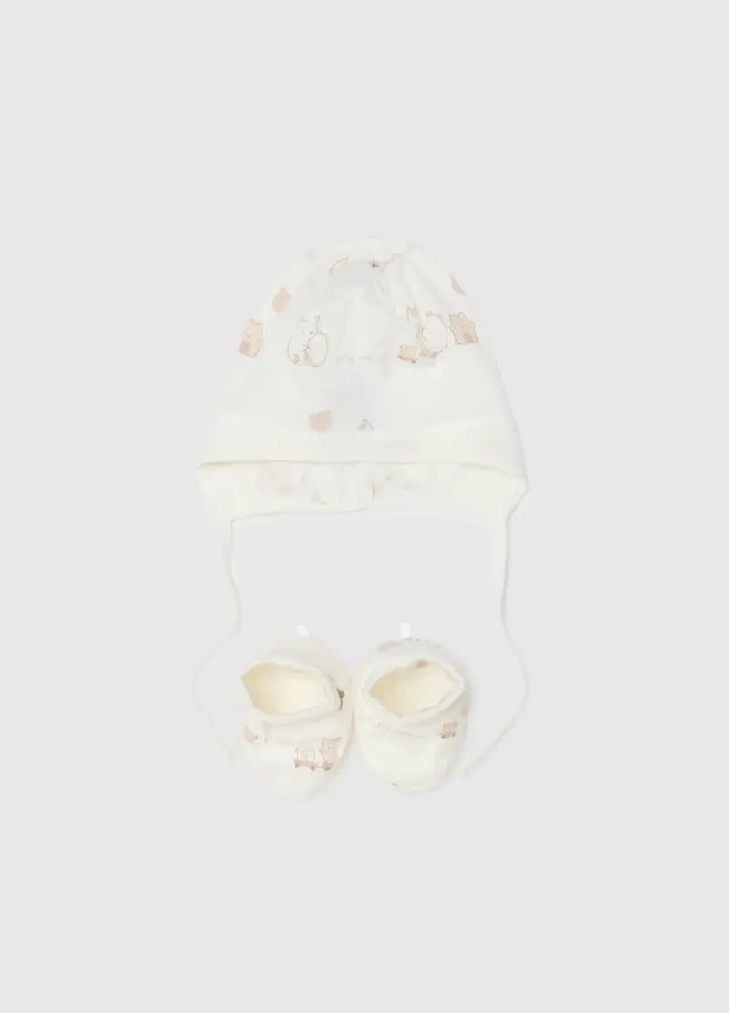Set Cappellino Scarpine Bianco Da Neonati In Puro Cotone, Neonato, Bianco