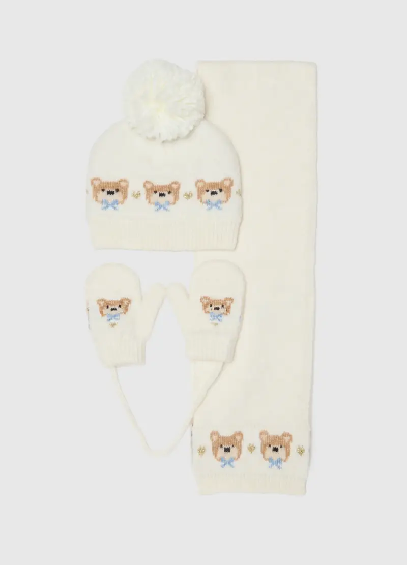 Set Cappello, Guanti, Sciarpa Da Bambina Bianco Con Ricamo, Bianco