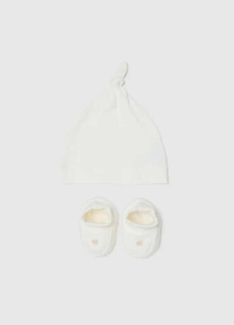 Set Cuffia Scarpine Per Neonati In Cotone Bianco Regular Fit, Unisex, Bianco