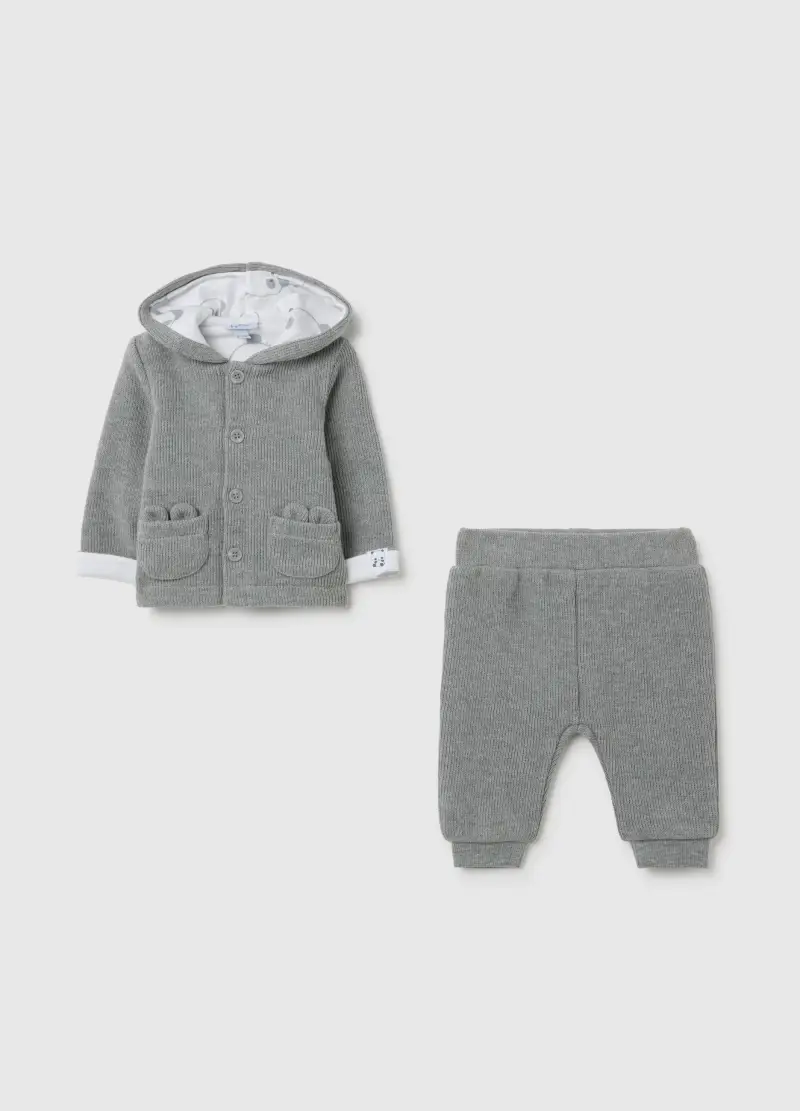 Set Da Neonato In Misto Cotone Grigio Con Cappuccio E Tasche, Unisex, Grigio