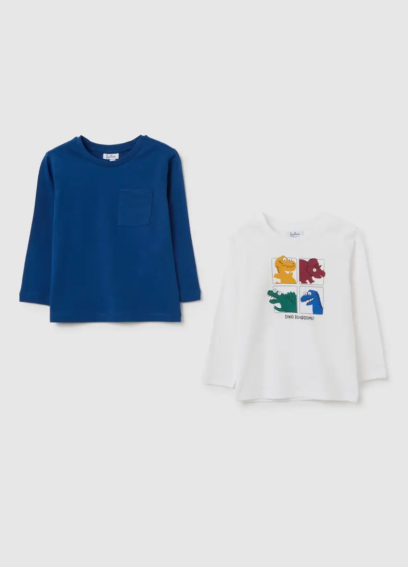 Set Di T-shirt Blu E Bianco A Maniche Lunghe In Cotone, Bambino, Blu