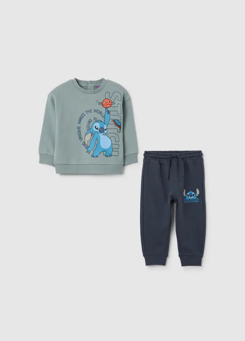 Set Felpa E Pantaloni Da Bambino In Puro Cotone Azzurro Regular Fit Con Stampa Stitch, Azzurro