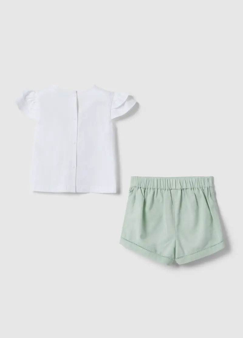 Set In Misto Cotone E Lino Multicolor Da Neonata Con Fiori Applicati, Multicolor miniatura 2