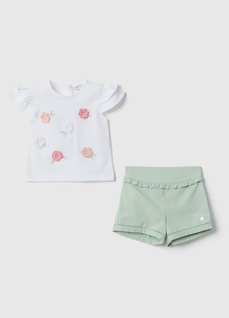 Set In Misto Cotone E Lino Multicolor Da Neonata Con Fiori Applicati, Multicolor