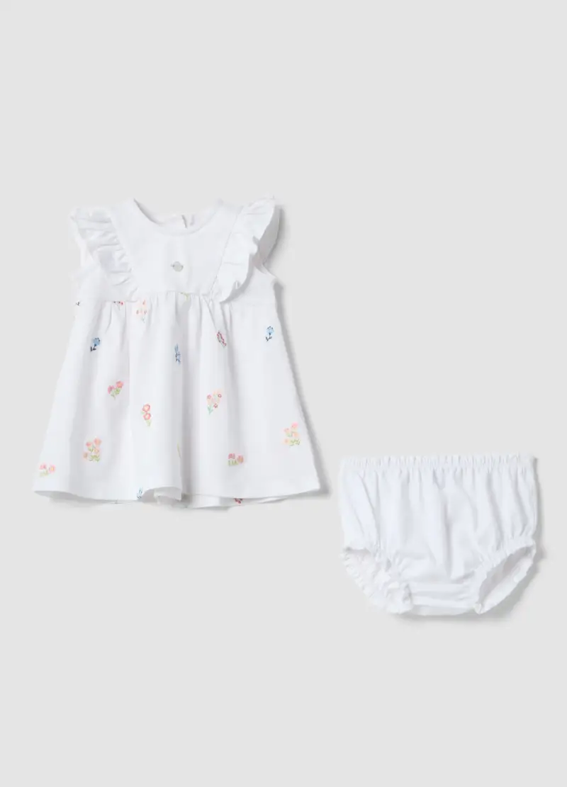 Set In Puro Cotone Bianco Da Neonata Con Fiori Ricamati, Bianco