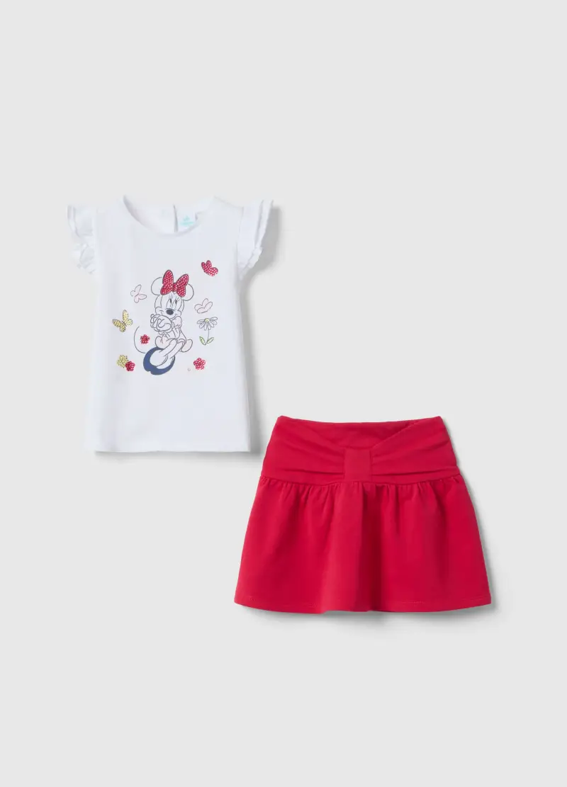 Set Maglia Gonna In Cotone Elasticizzato Multicolor Da Bimba Con Minnie, Bambina, Multicolor