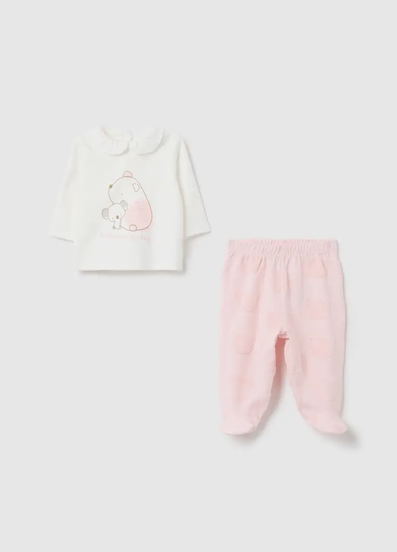 Set Maglia Pantalone Da Bambina In Puro Cotone Bianco E Rosa, Neonata, Bianco