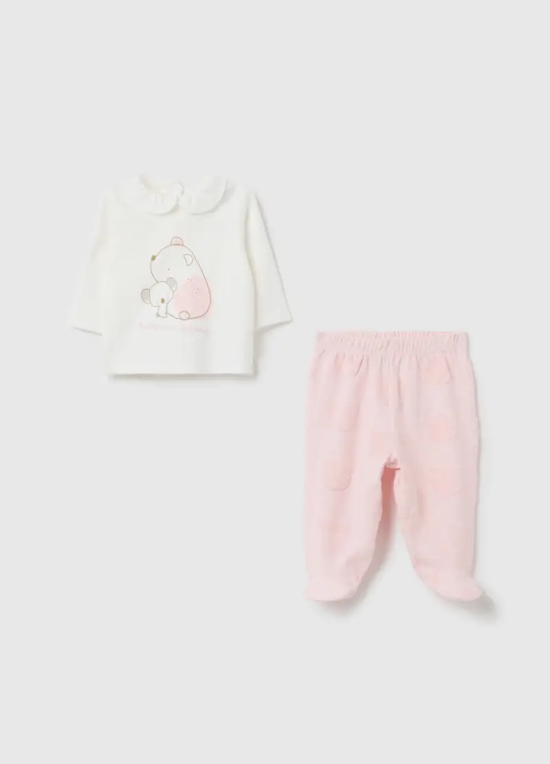 Set Maglia Pantalone Da Bambina In Puro Cotone Bianco E Rosa, Neonata, Bianco