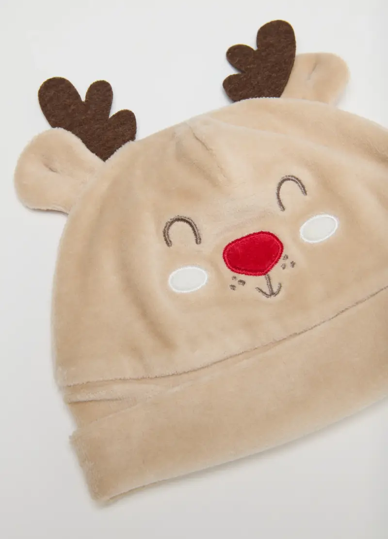 Set Natalizio Cappellino E Scarpette Da Neonato In Velour Beige, Unisex, Beige miniatura 2