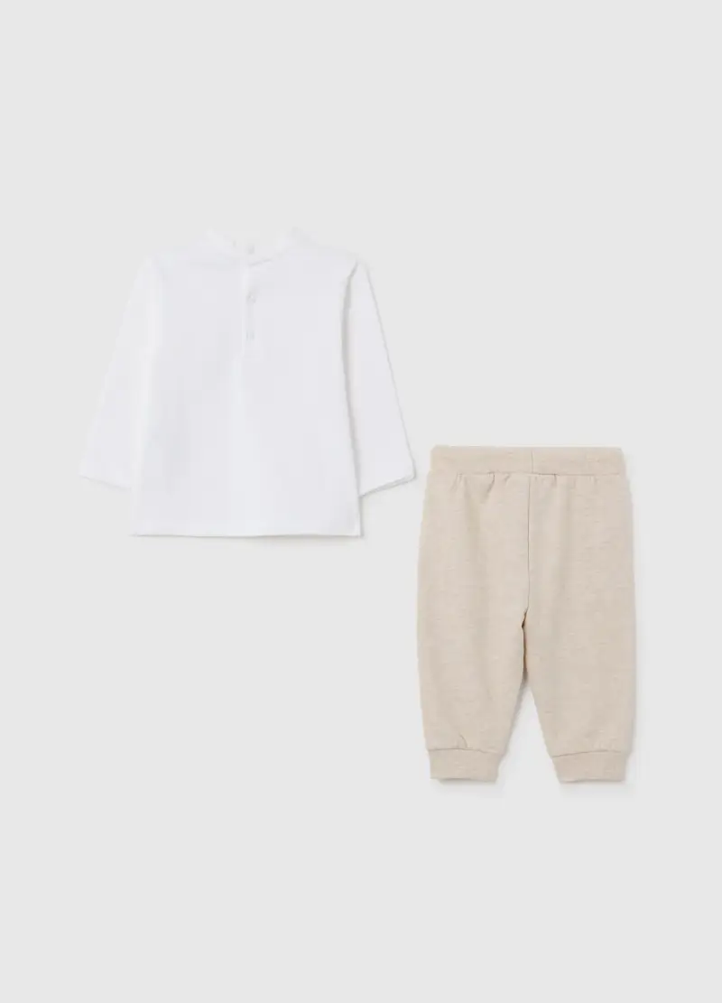 Set T-shirt E Pantaloni Da Bambino In Puro Cotone Bianco E Beige, Unisex, Bianco miniatura 2