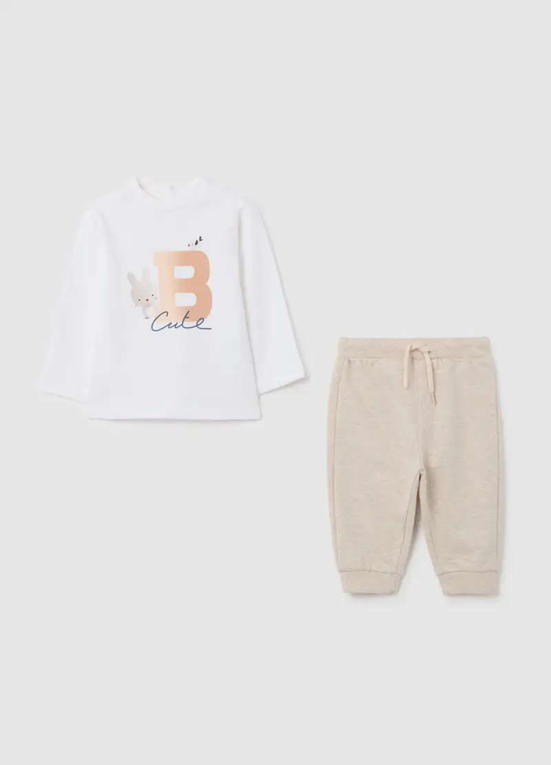 FAGOTTINO, Set T-shirt E Pantaloni Da Bambino In Puro Cotone Bianco E Beige, Unisex, Bianco, Taglia: 1-3