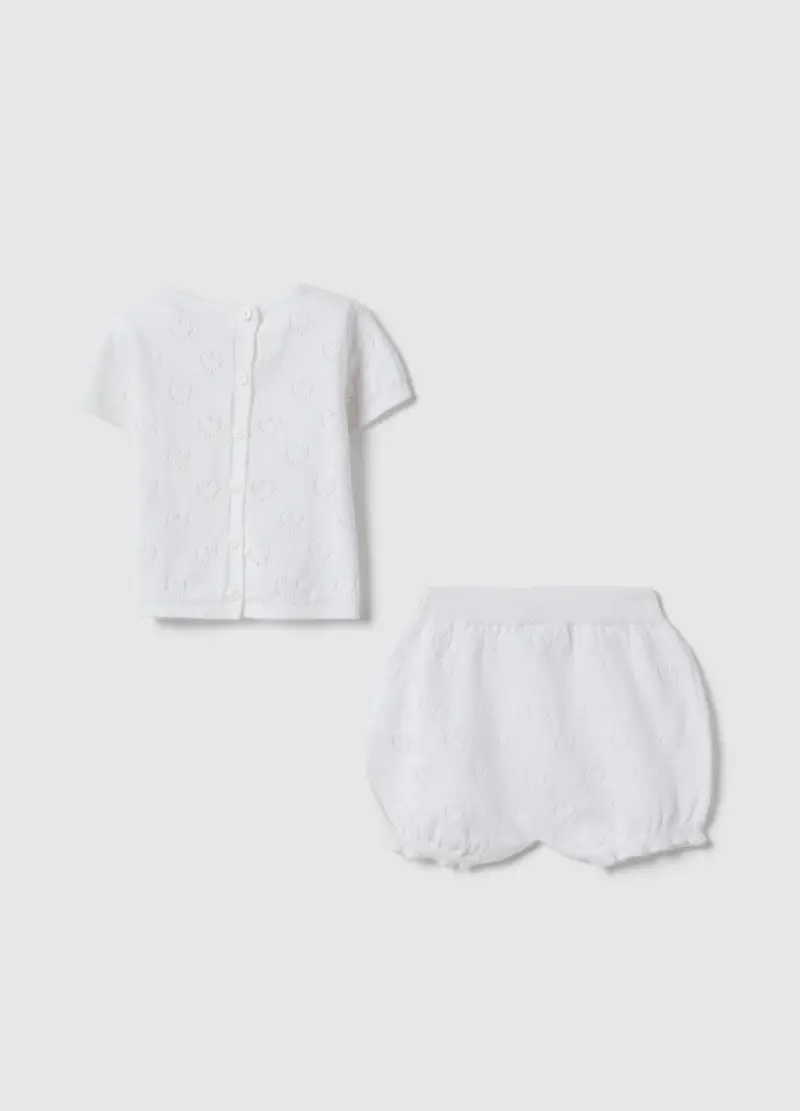 Set T-shirt Shorts In Puro Cotone Bianco Da Neonata Con Cuori, Bianco miniatura 2