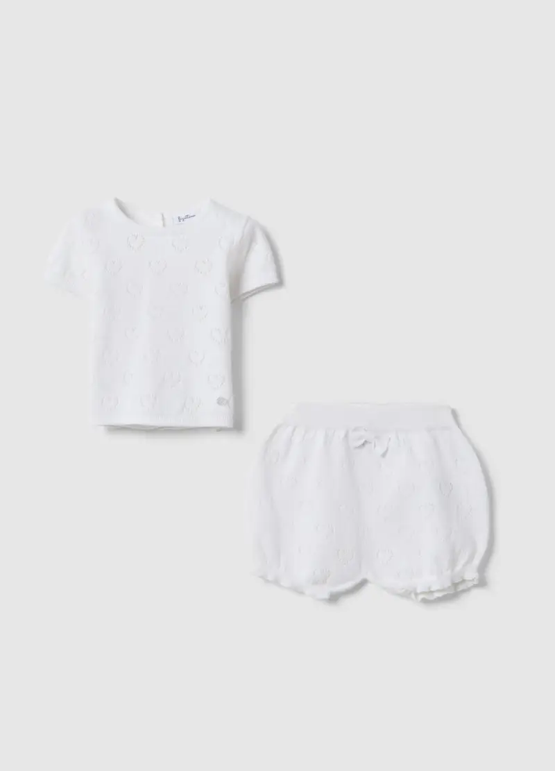 Set T-shirt Shorts In Puro Cotone Bianco Da Neonata Con Cuori, Bianco