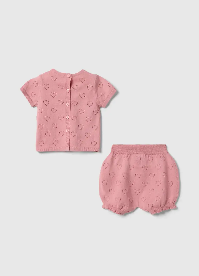 Set T-shirt Shorts In Puro Cotone Rosa Da Neonata Con Cuori, Rosa miniatura 2