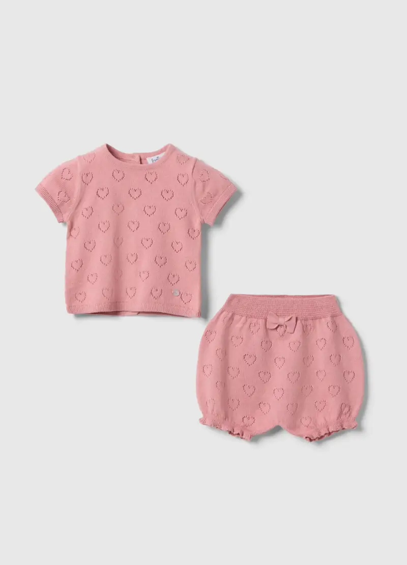 Set T-shirt Shorts In Puro Cotone Rosa Da Neonata Con Cuori, Rosa
