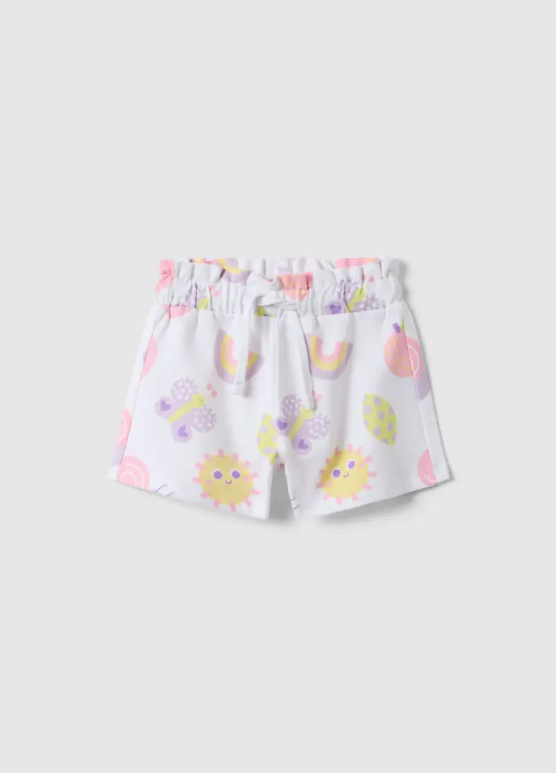 Short In Puro Cotone Bianco Da Bimba Regular Fit Con Stampe, Bambina, Bianco