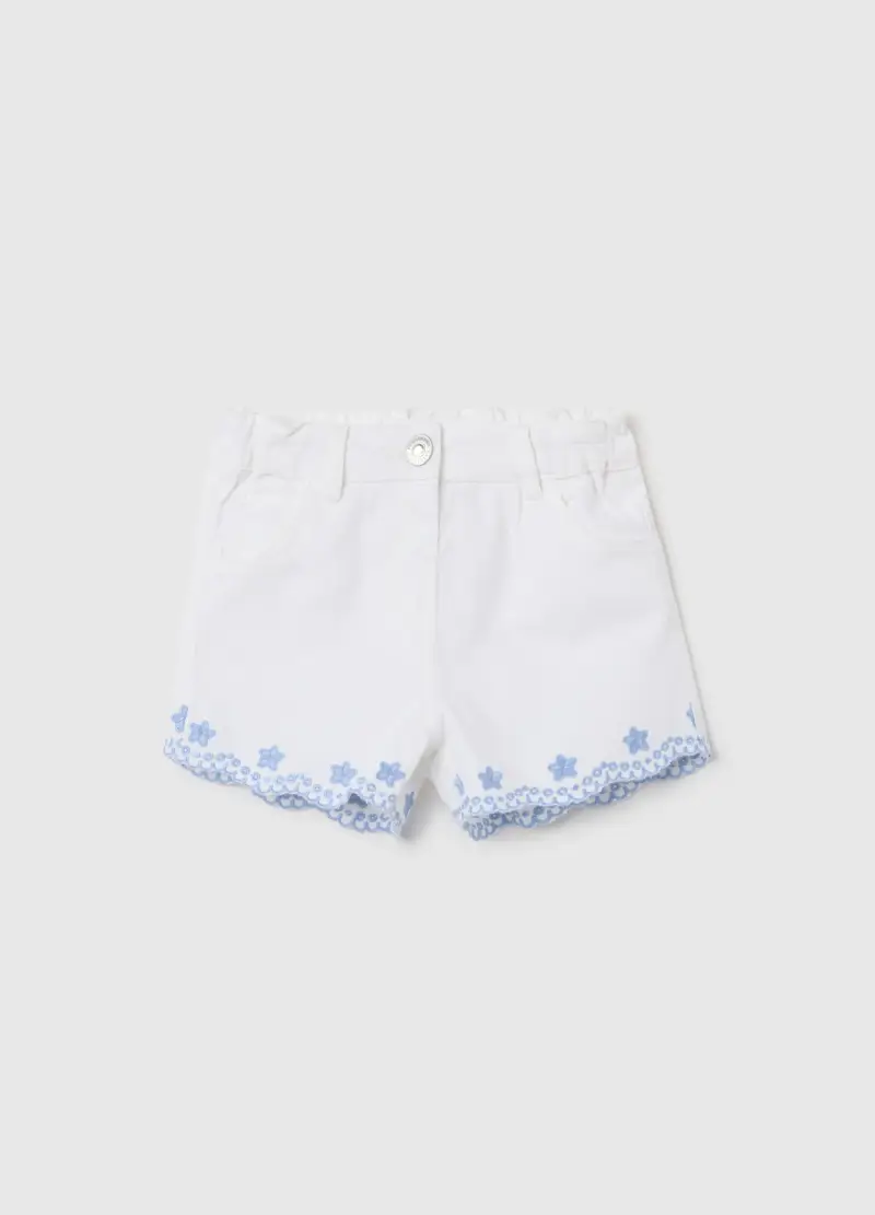 Shorts Bianchi Con Ricamo Floreale In Cotone, Bambina, Bianco