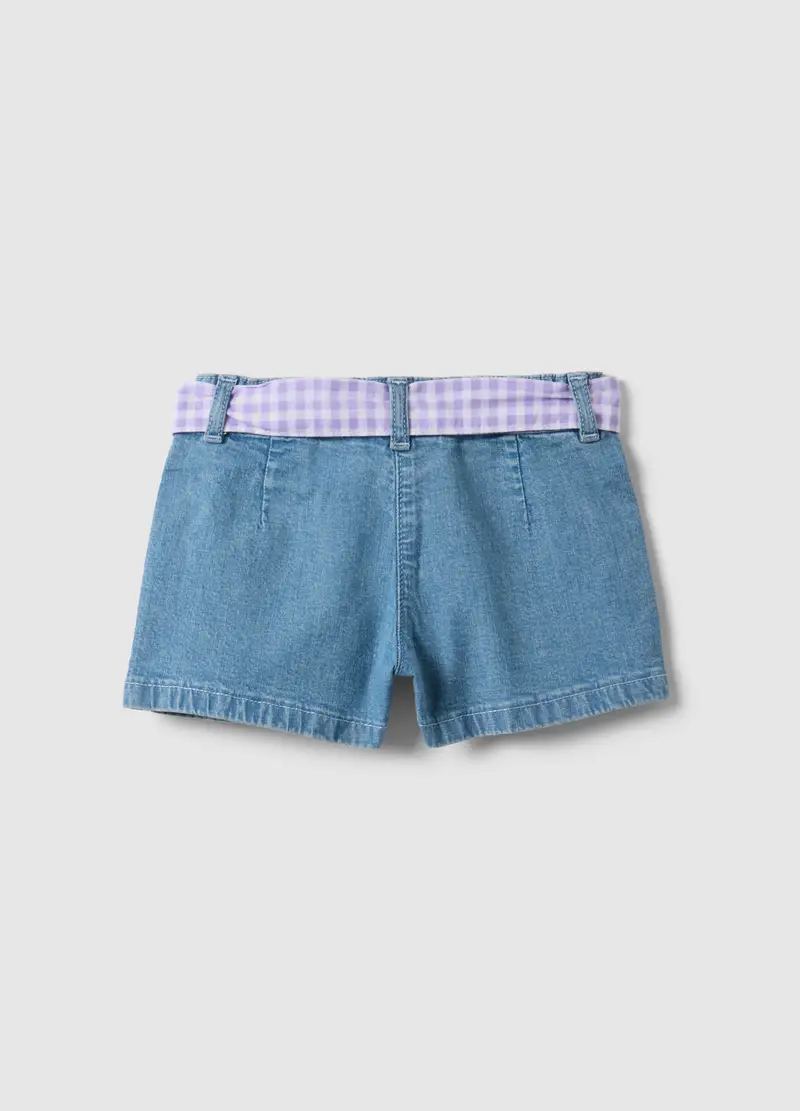 Shorts Denim Blu In Cotone Elasticizzato Da Bimba Con Cintura Vichy, Bambina, Denim miniatura 2