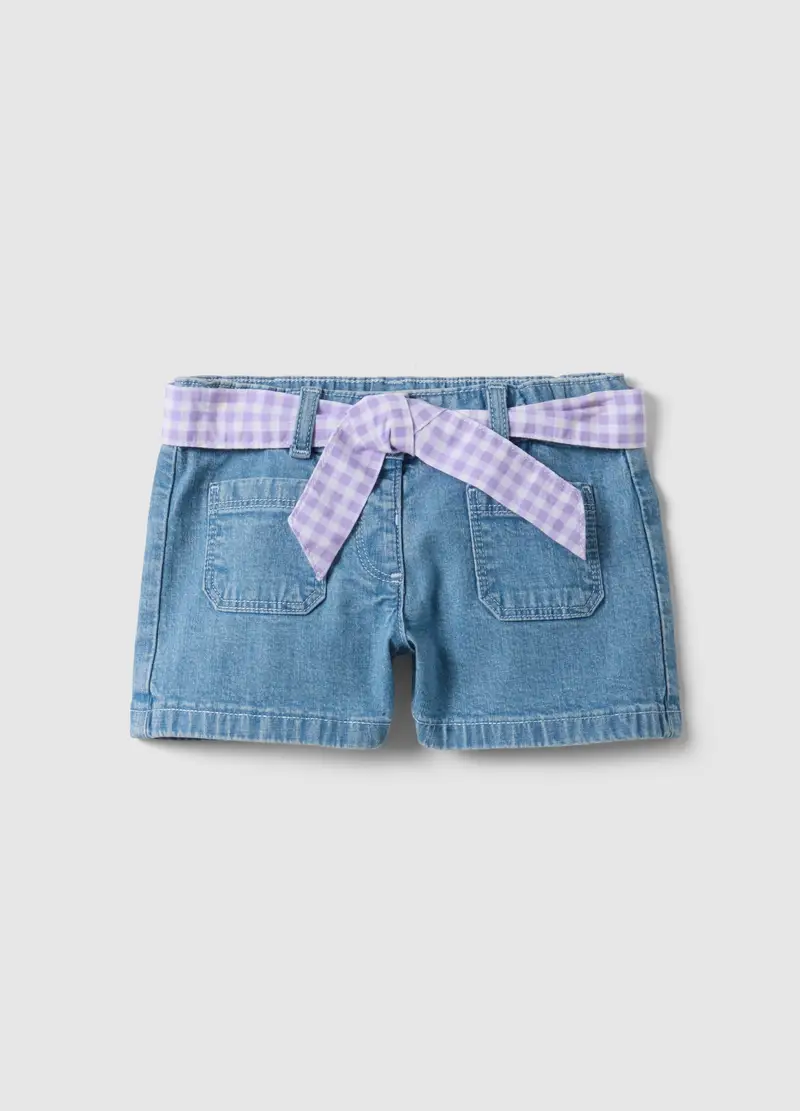 Shorts Denim Blu In Cotone Elasticizzato Da Bimba Con Cintura Vichy, Bambina, Denim
