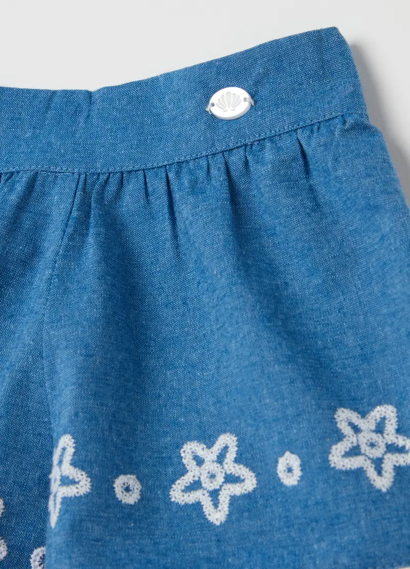 Shorts In Cotone Con Ricamo Floreale, Bambina, Blu miniatura 3