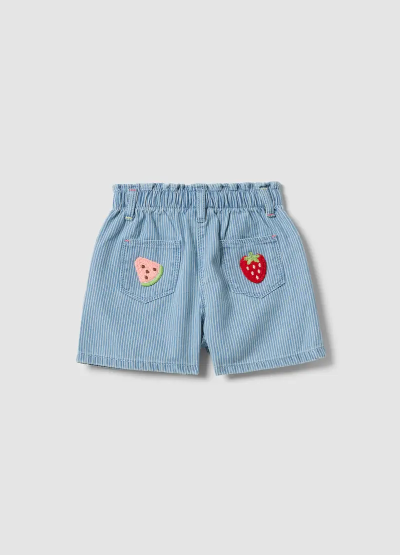 Shorts In Misto Cotone Azzurri A Righe Da Bimba Con Ricami Ciliegia, Bambina, Azzurro miniatura 2