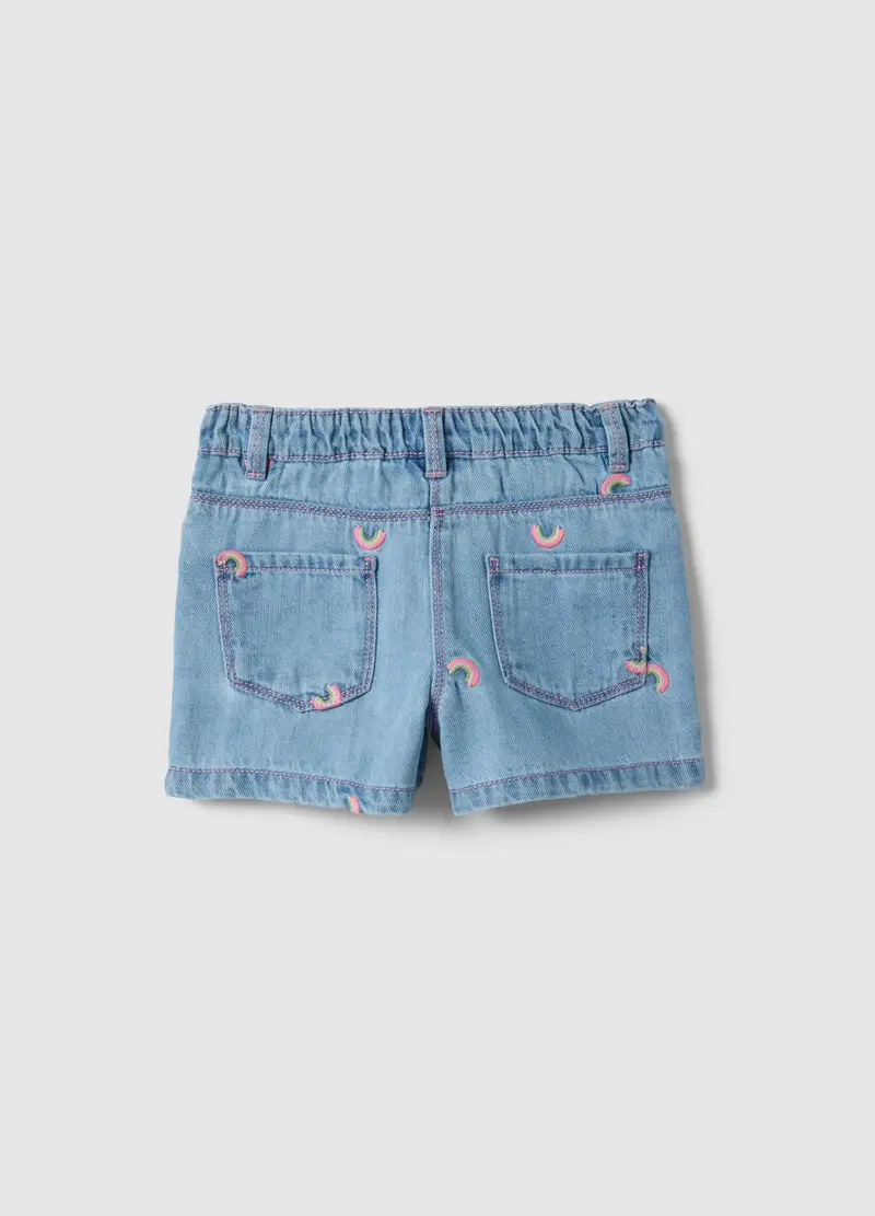 Shorts In Misto Cotone Denim Azzurri Da Bimba Regular Fit Con Ricami, Bambina, Denim miniatura 2