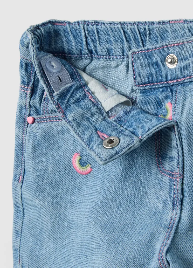 Shorts In Misto Cotone Denim Azzurri Da Bimba Regular Fit Con Ricami, Bambina, Denim miniatura 3