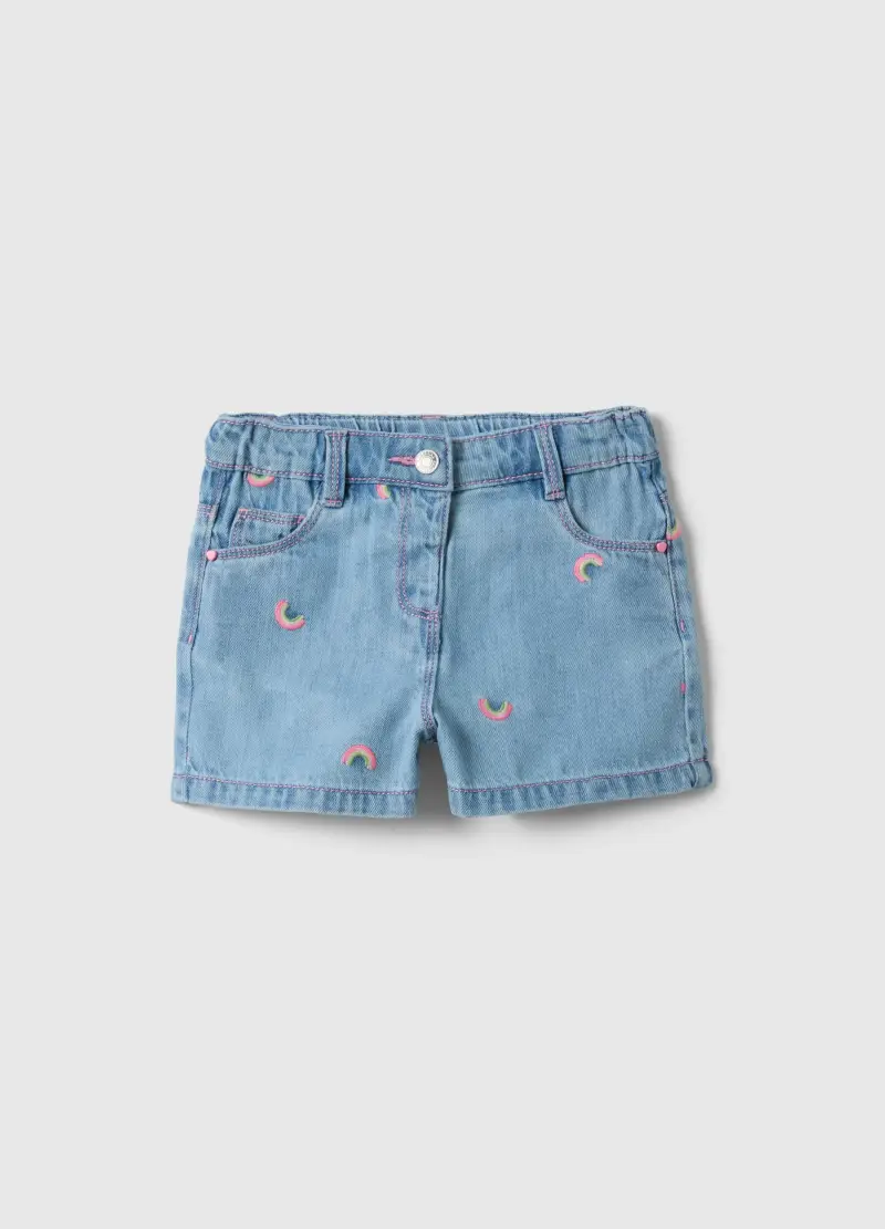 Shorts In Misto Cotone Denim Azzurri Da Bimba Regular Fit Con Ricami, Bambina, Denim
