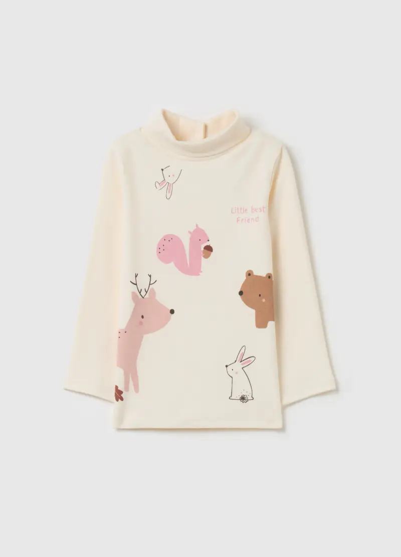 T-shirt A Collo Alto Con Stampa, Bambina, Beige